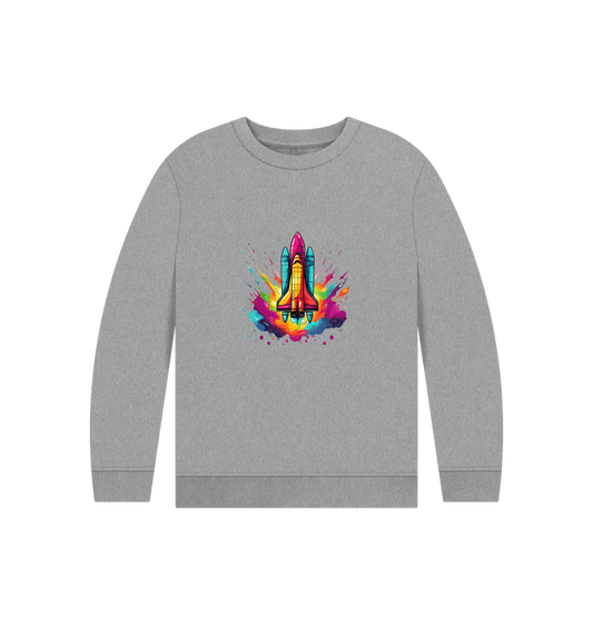 Gray sweatshirt with colorful rocket graphic
