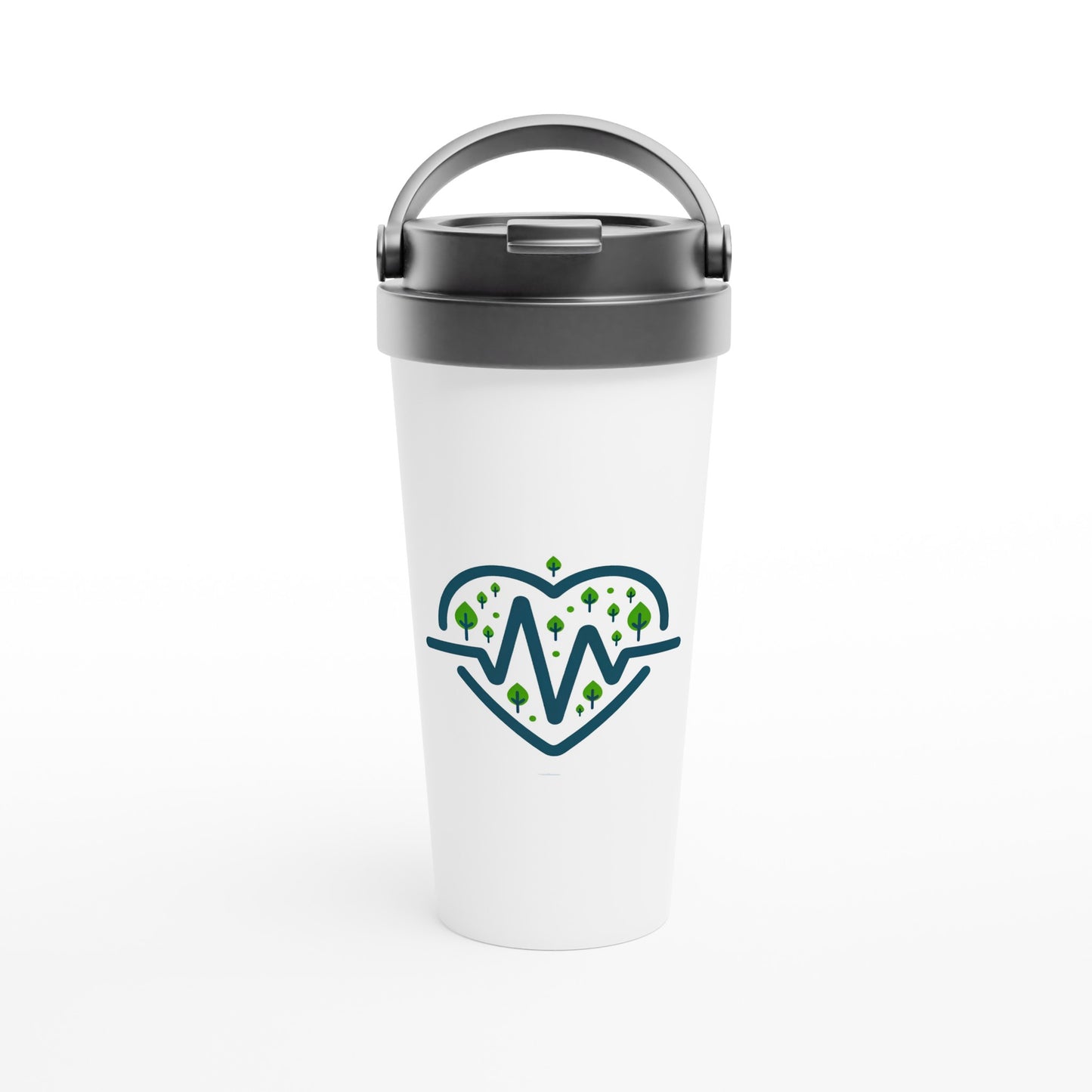 White travel mug with heart design