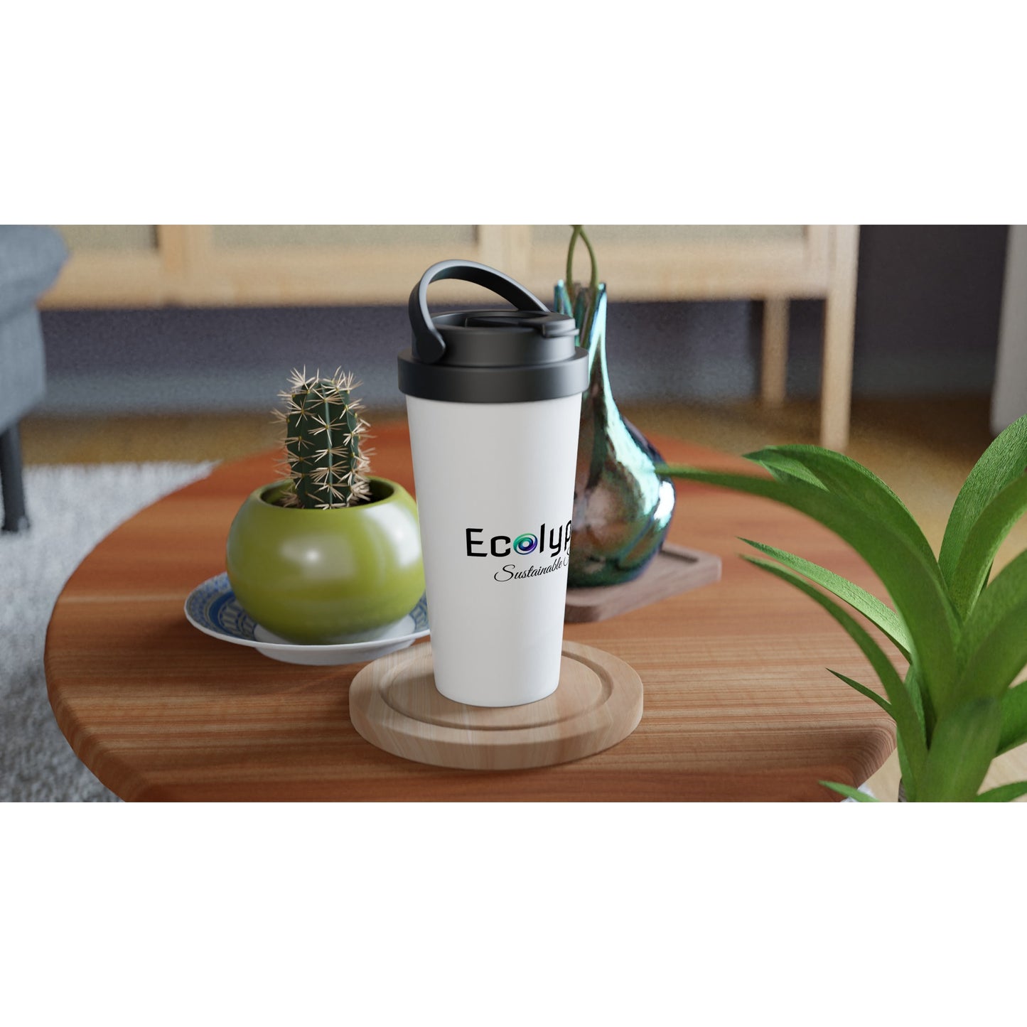 White reusable coffee cup with "Ecolypt" logo