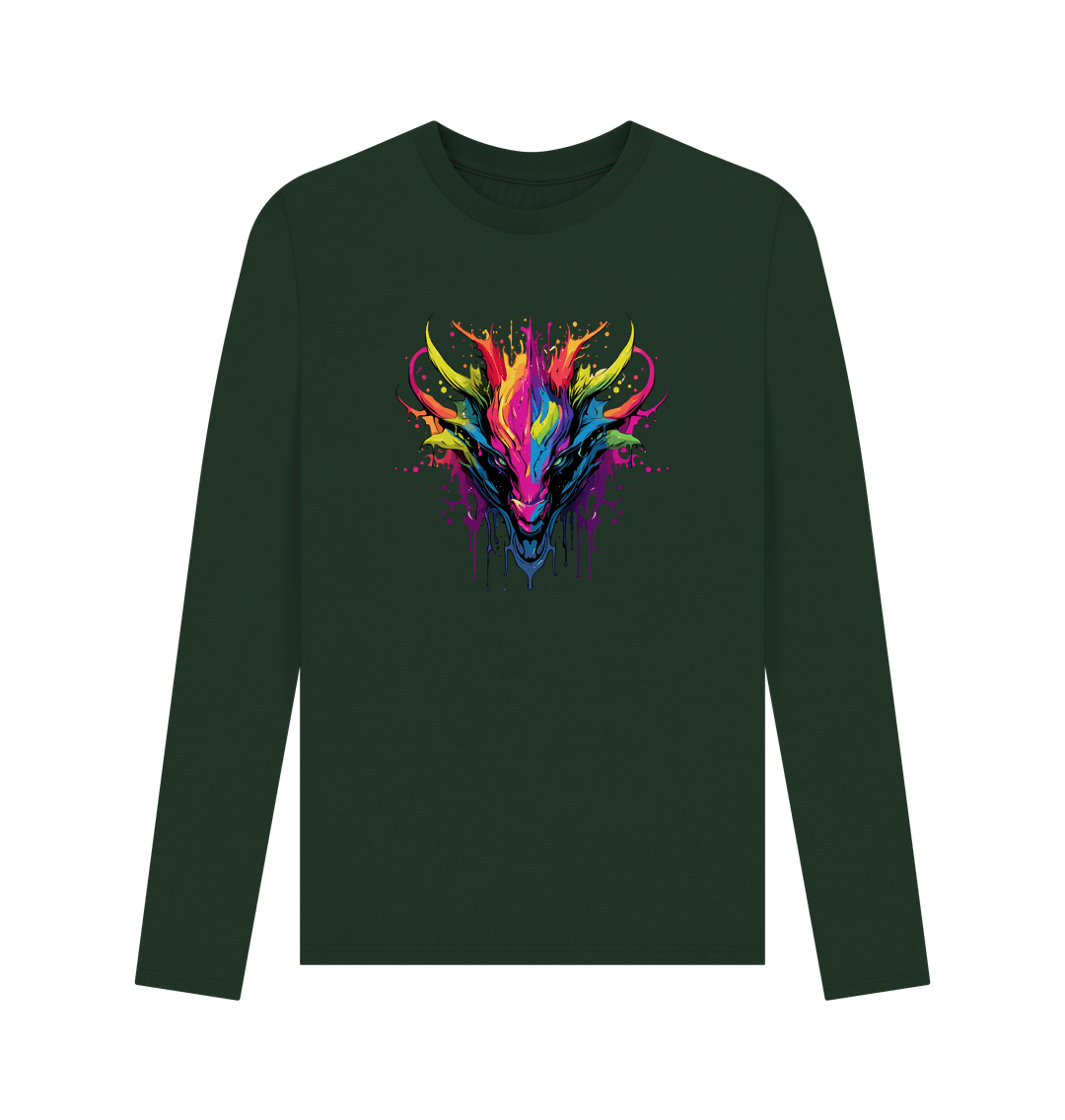 Green long-sleeved t-shirt with colorful dragon design