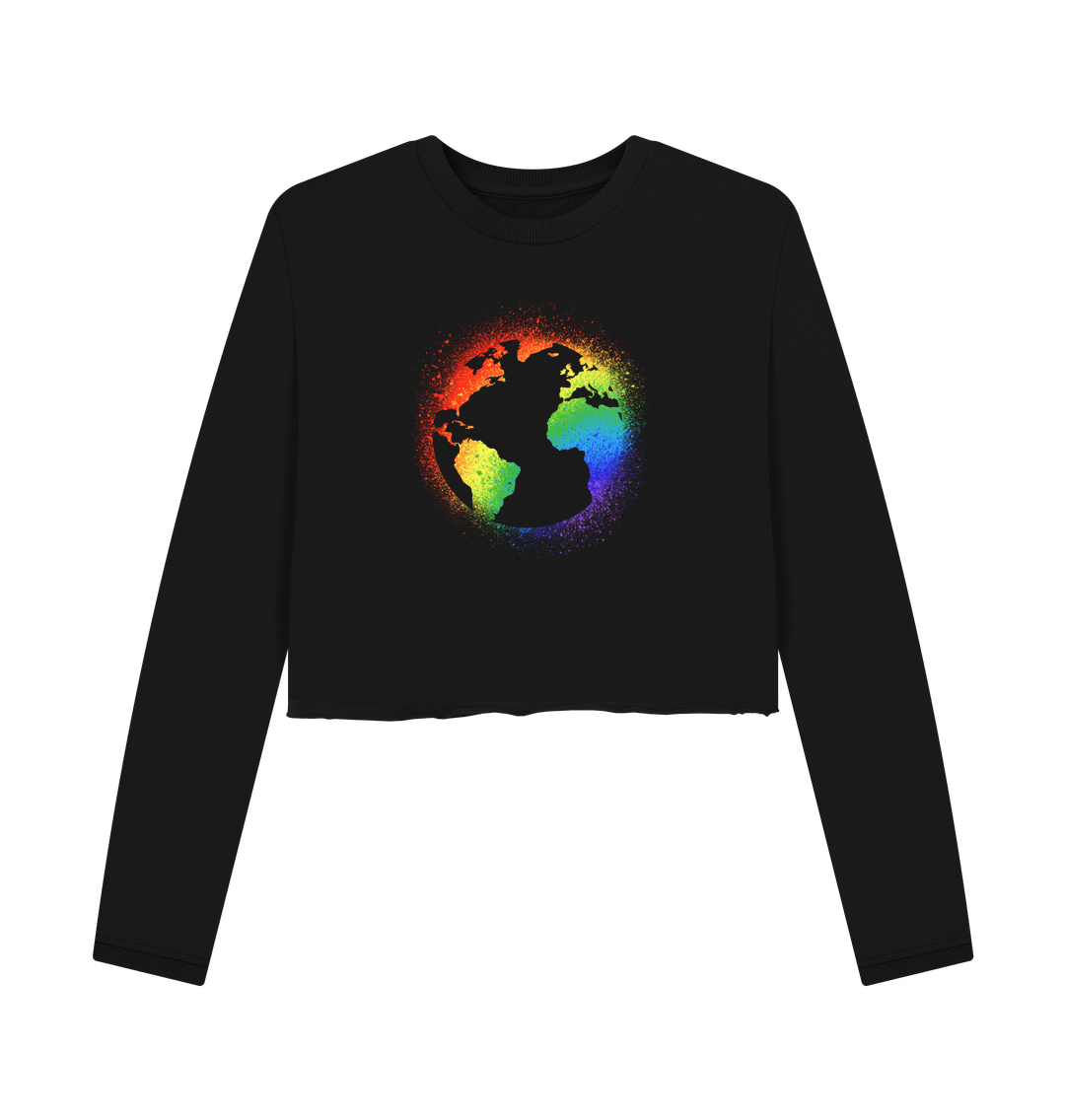 Black cropped sweatshirt with rainbow globe design