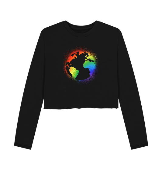 Black cropped sweatshirt with rainbow globe design