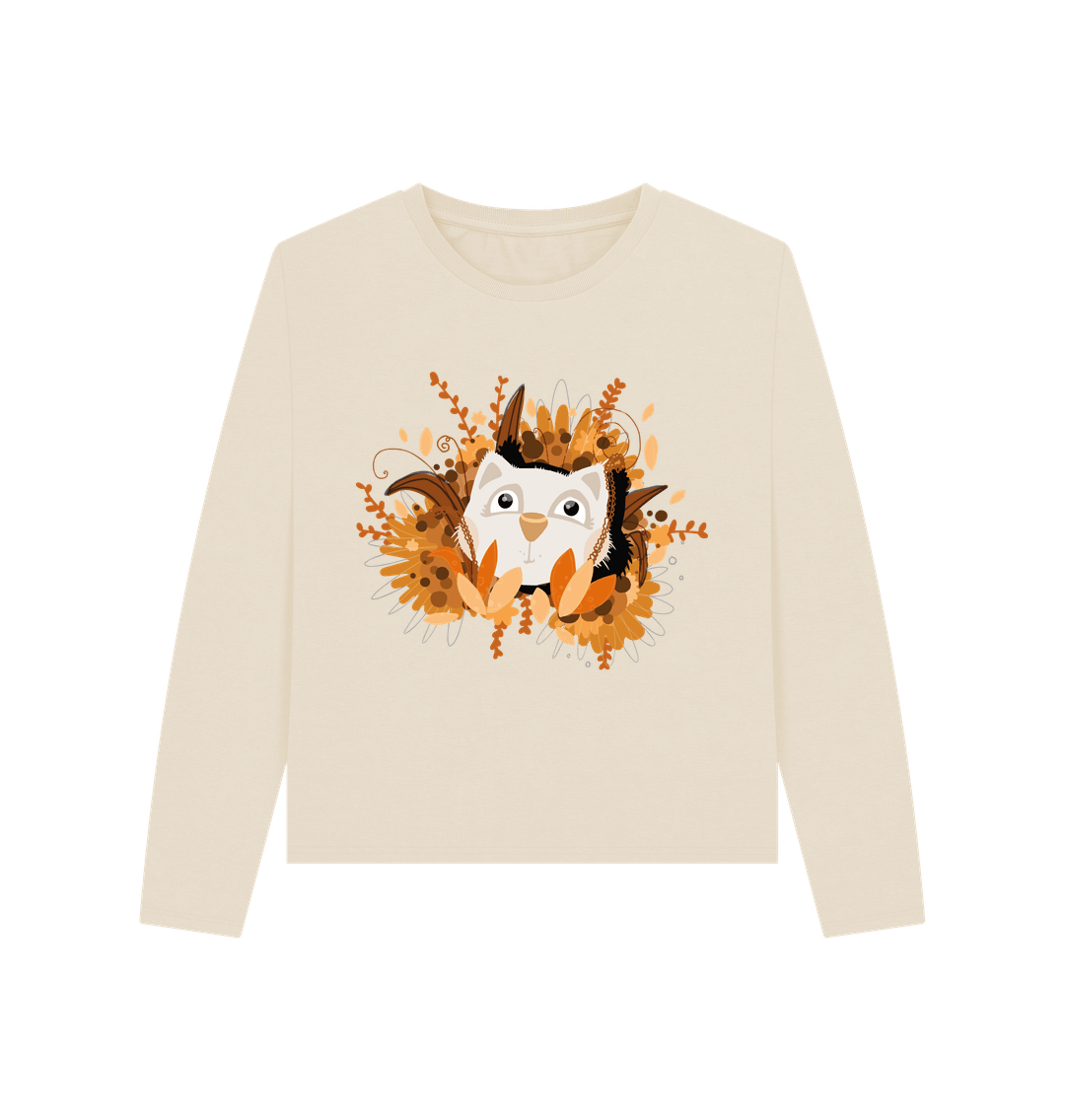 Cream-colored long-sleeve shirt with autumn owl design