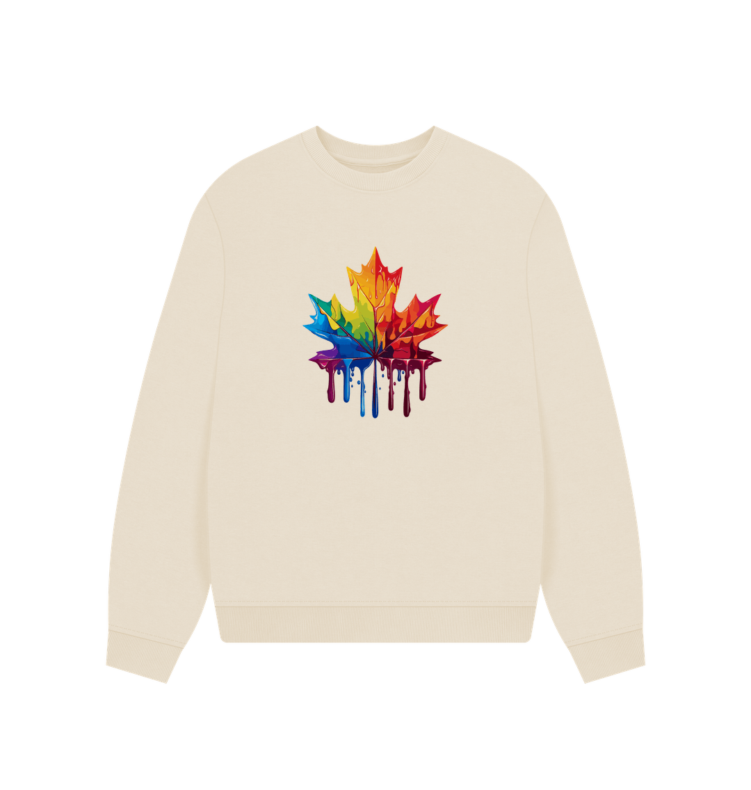 Cream-colored sweatshirt with rainbow maple leaf design