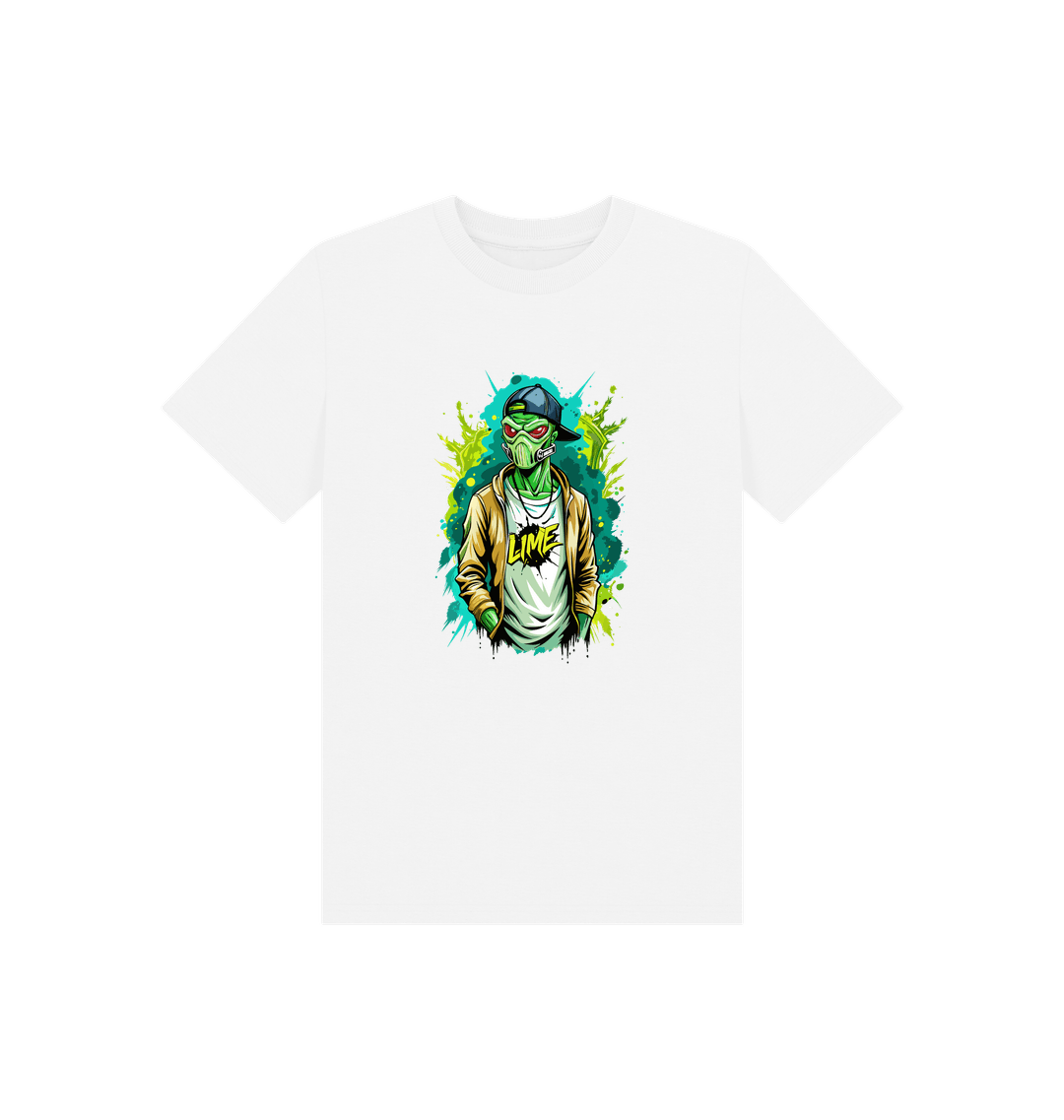 White t-shirt with green alien graphic