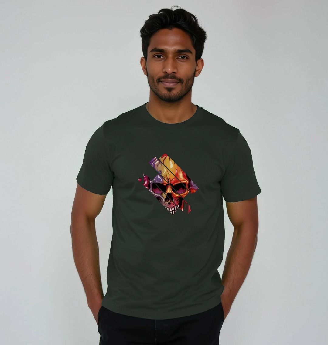Dark green t-shirt with colorful skull graphic (person)