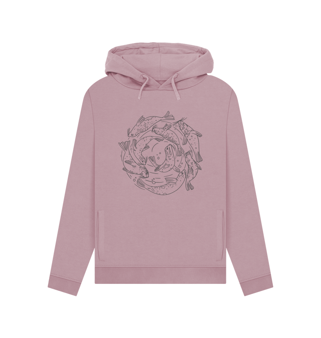 Pink hoodie with fish illustration