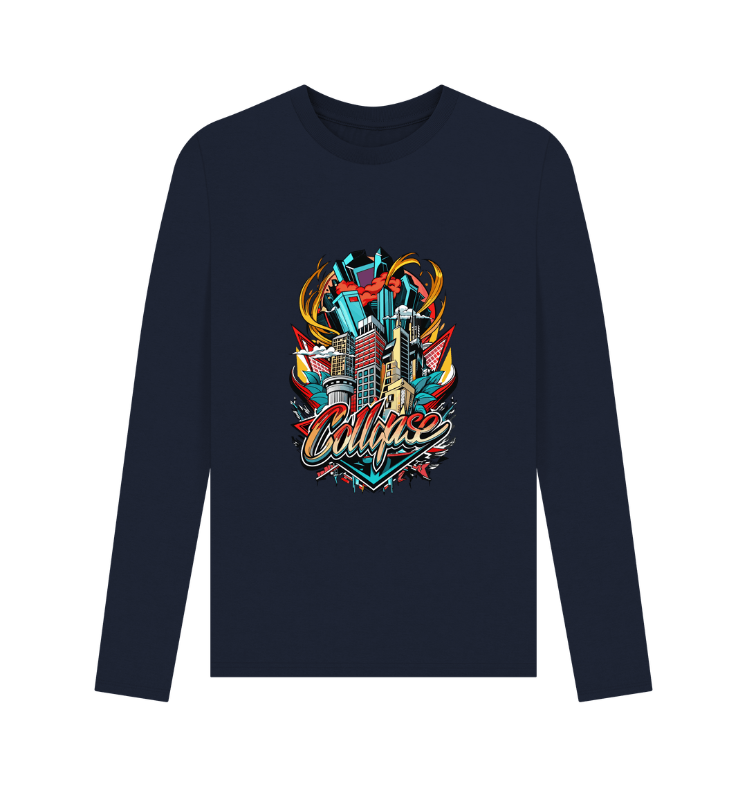 Navy blue long-sleeved t-shirt with colorful cityscape graphic