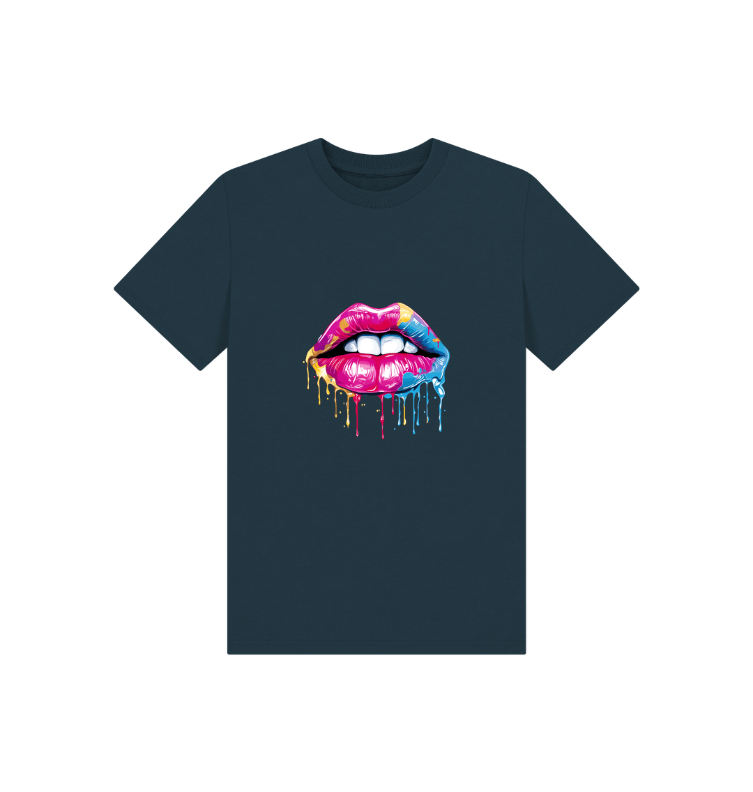 Black t-shirt with colorful dripping lips graphic