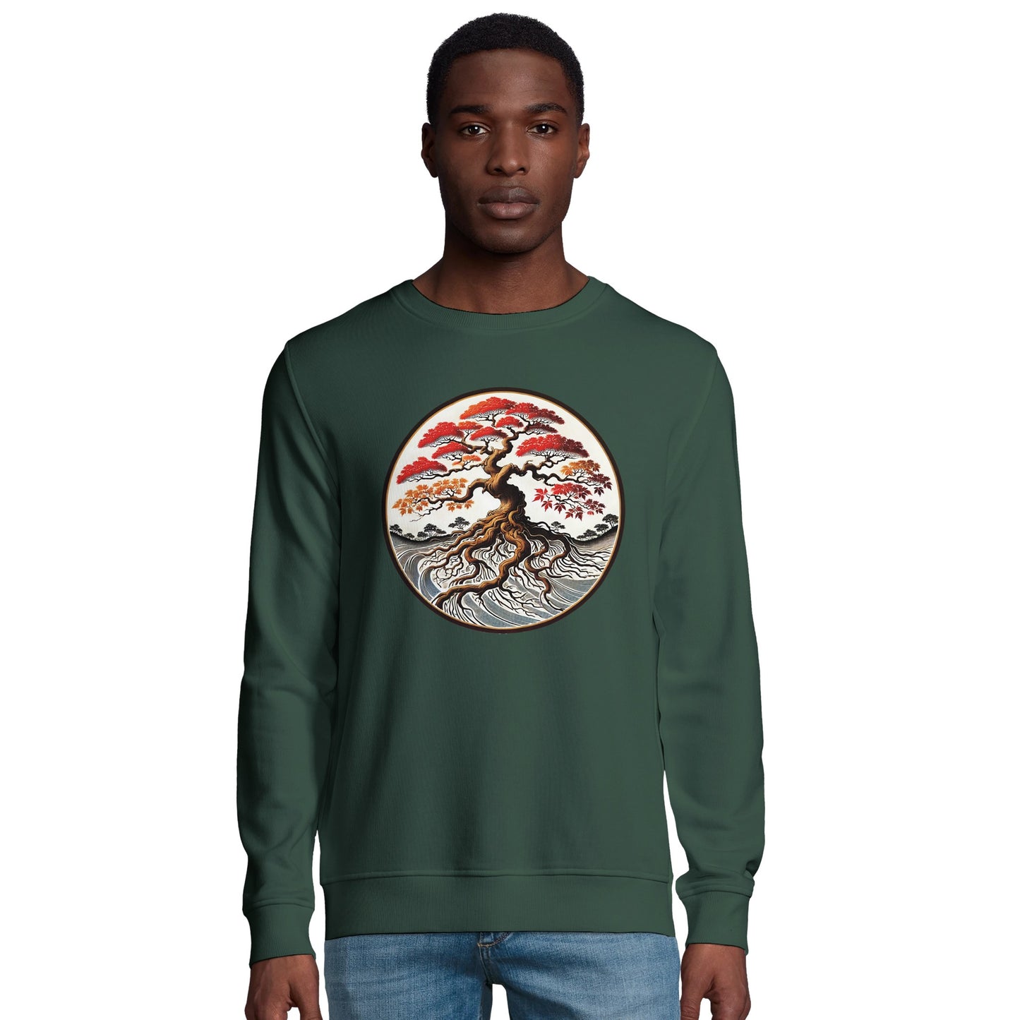 Forest green sweatshirt with tree design (person)
