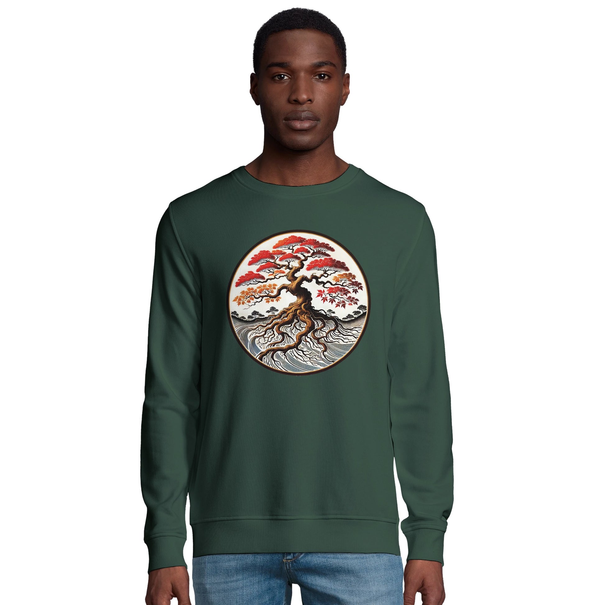 Forest green sweatshirt with tree design (person)