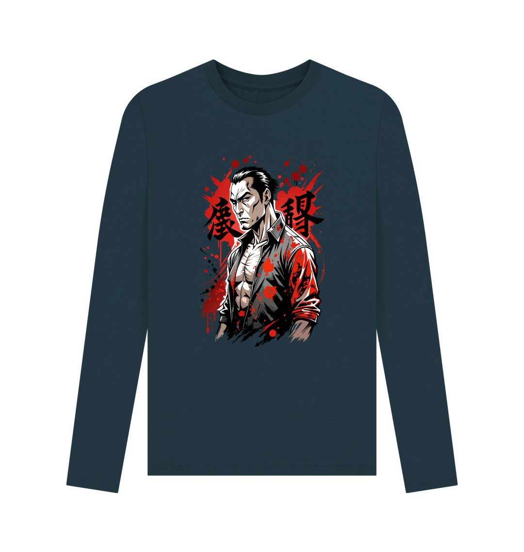 Dark blue long-sleeved t-shirt with graphic design