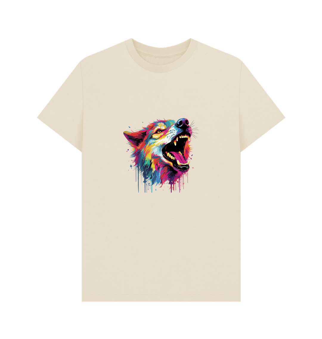Cream t-shirt with colorful wolf graphic