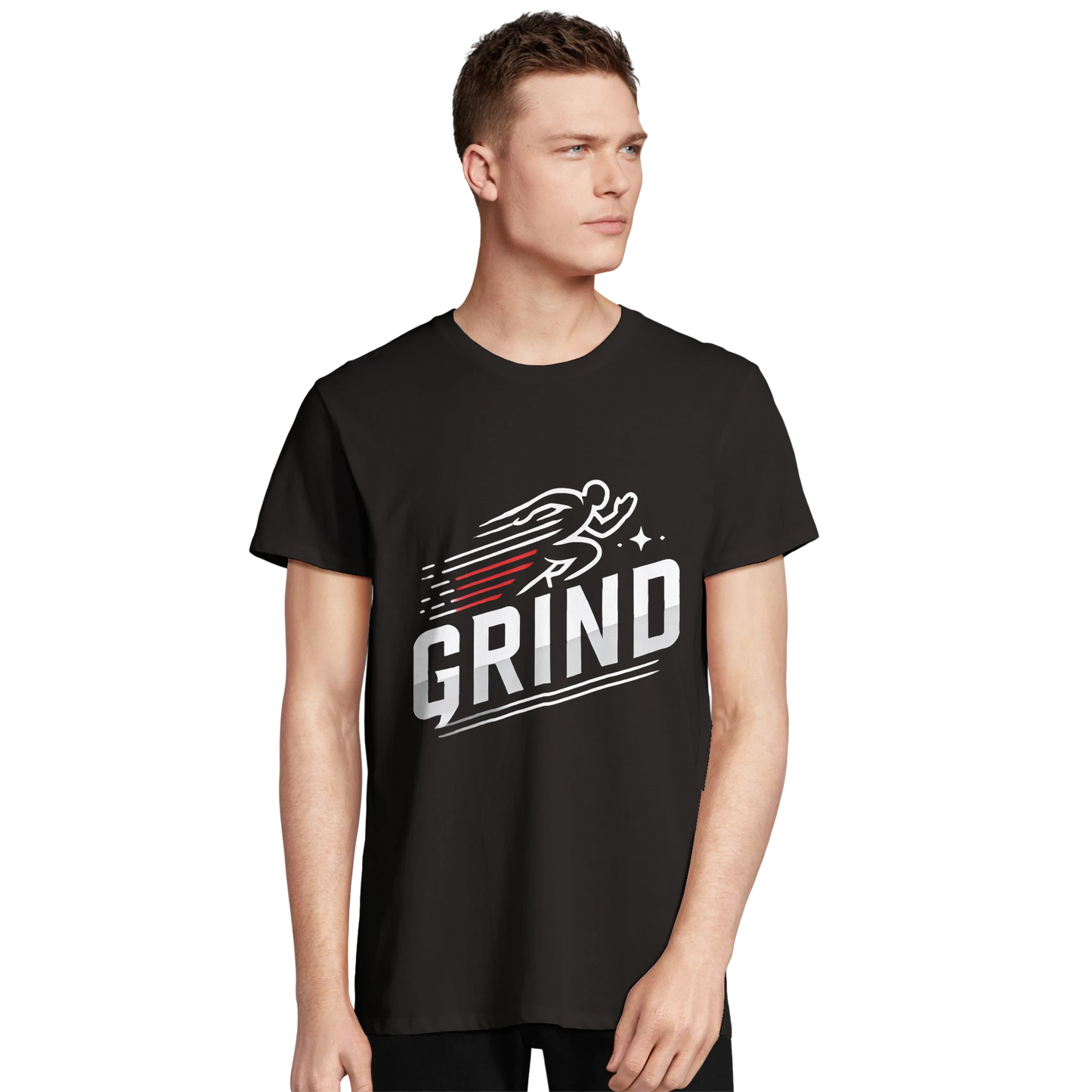 Black t-shirt with "GRIND" graphic (person)