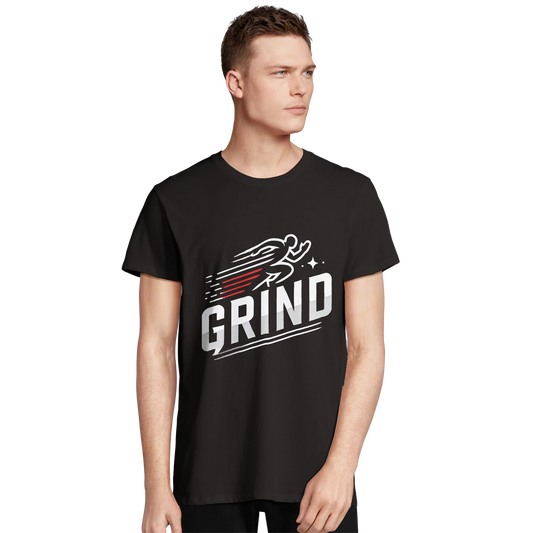 Black t-shirt with "GRIND" graphic (person)
