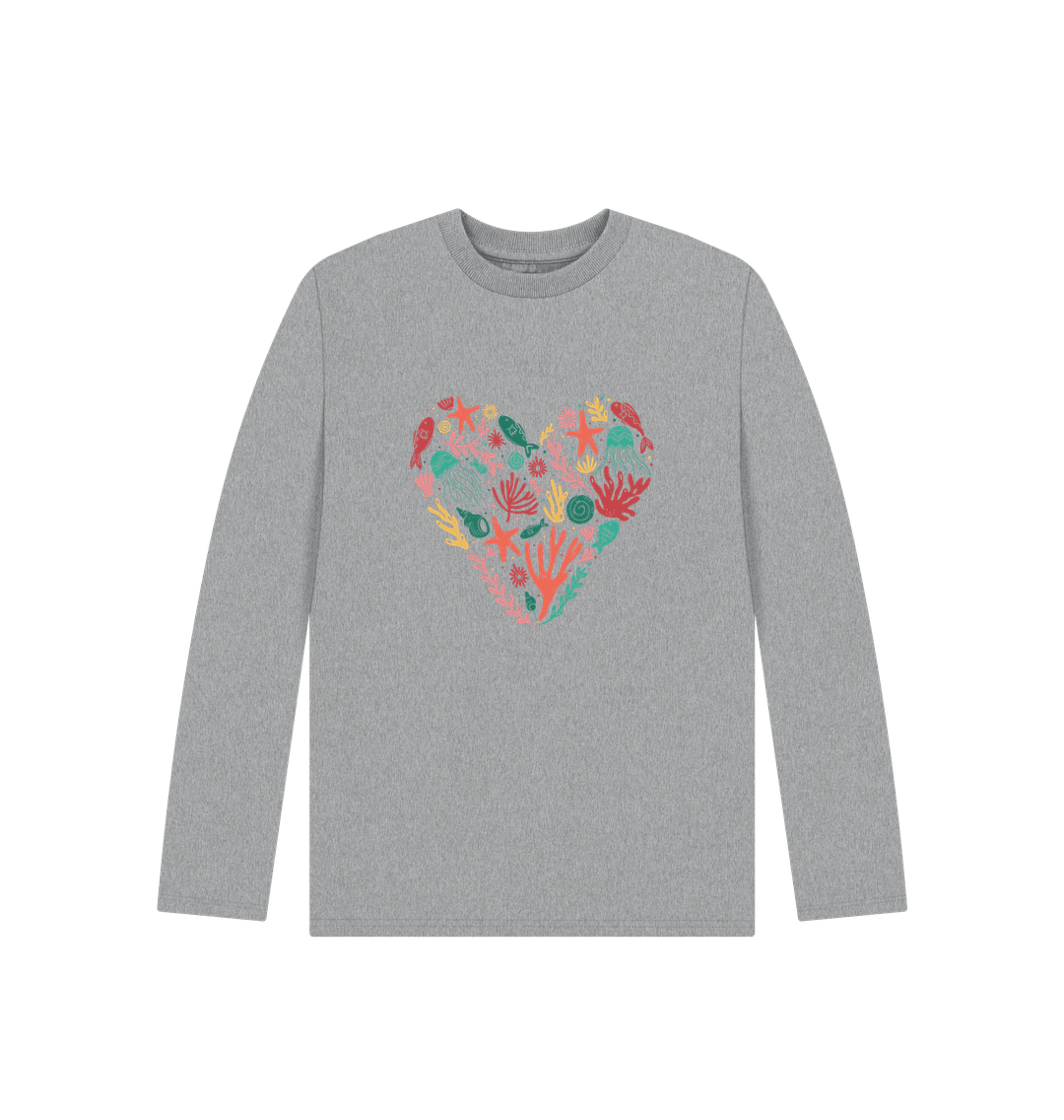 Gray long-sleeved t-shirt with heart-shaped marine life design