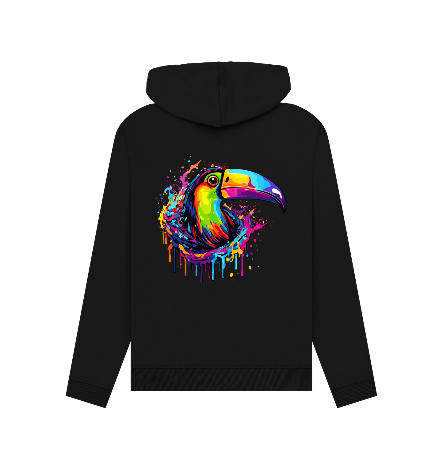 Black hoodie with colorful toucan graphic