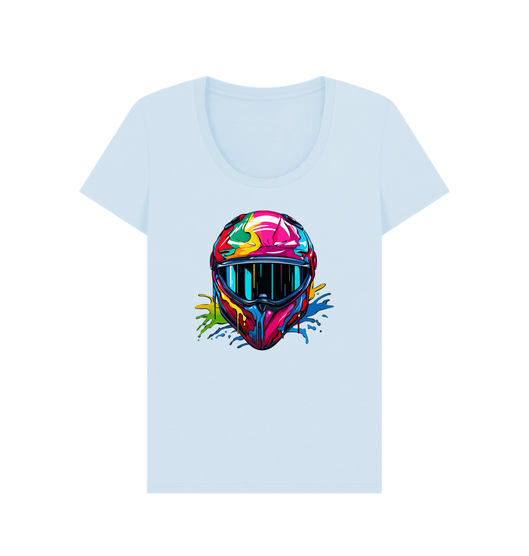 White t-shirt with colorful helmet graphic