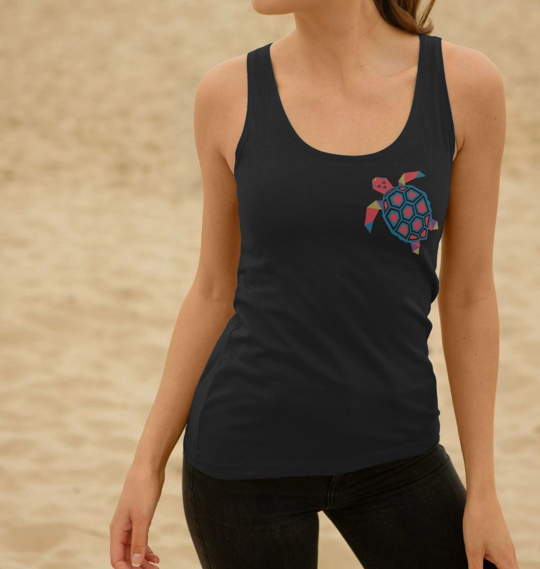 Black tank top with colorful geometric turtle design (person)