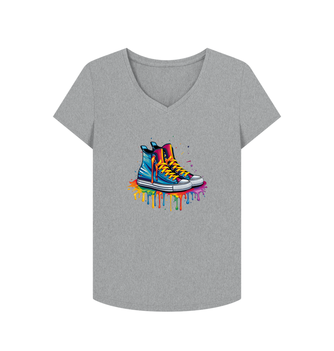 Gray V-neck t-shirt with colorful sneaker graphic