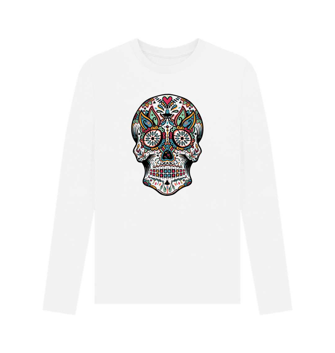 White long-sleeved t-shirt with colorful skull design
