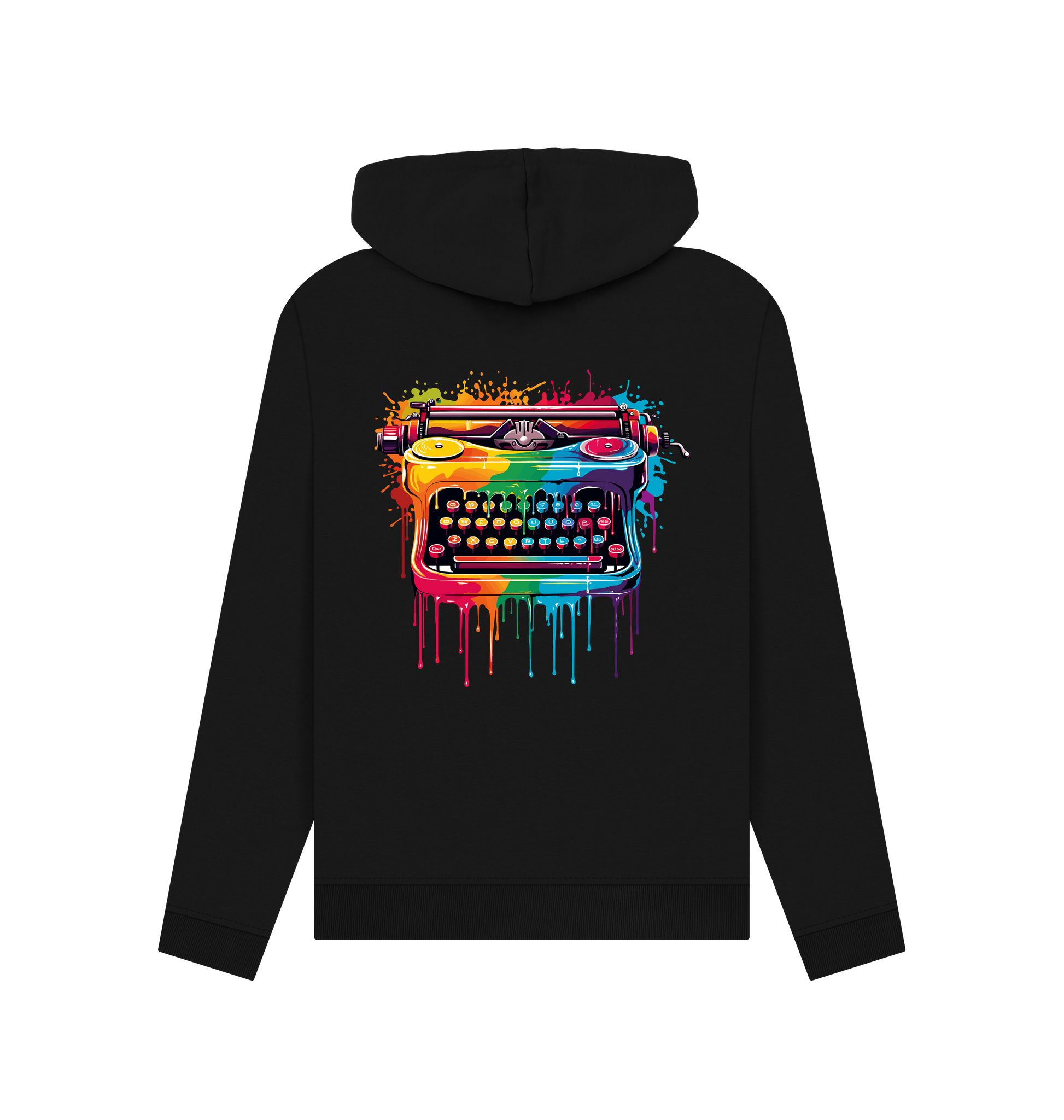 Black hoodie with colorful typewriter graphic