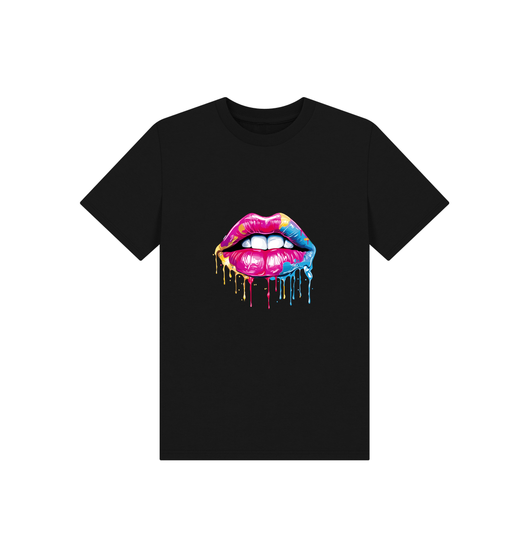 Black t-shirt with colorful dripping lips graphic