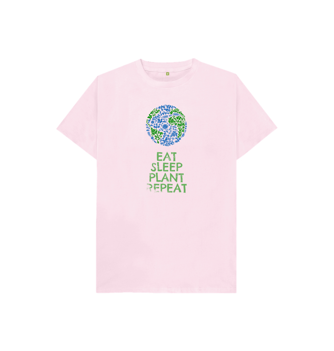 Pink t-shirt with "EAT SLEEP PLANT REPEAT" text and circular design