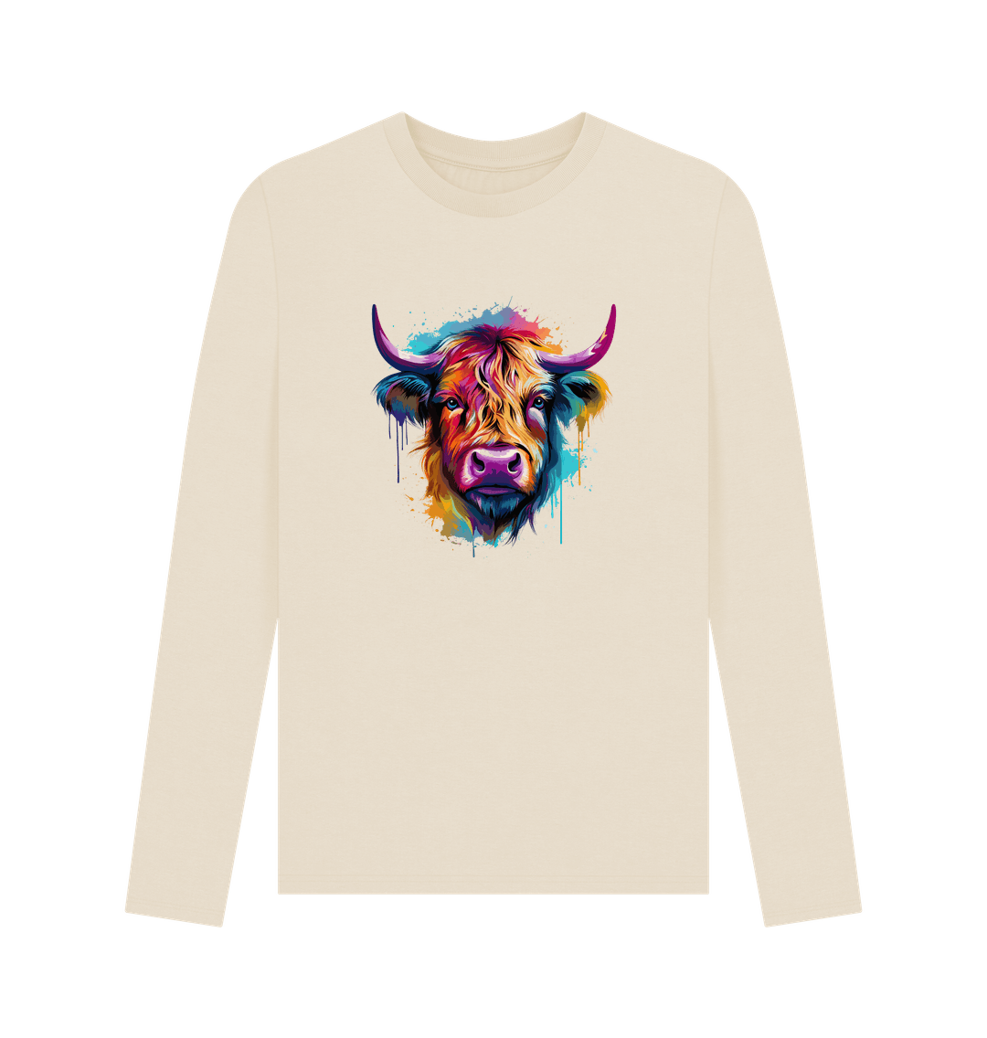 Cream long-sleeved t-shirt with colorful cow graphic