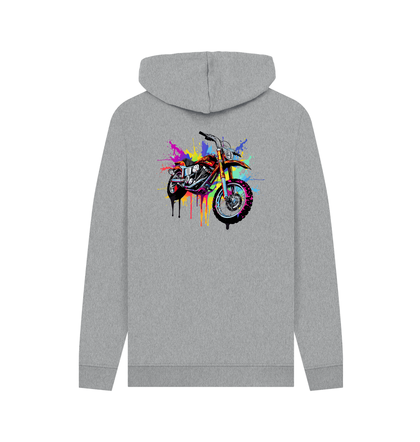 Gray hoodie with colorful motorcycle graphic