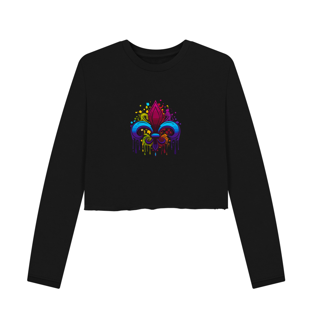 Black cropped sweatshirt with colorful fleur-de-lis design