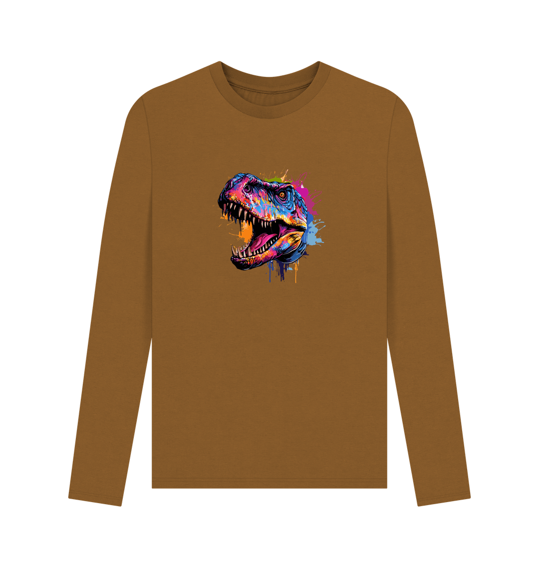 Brown long-sleeved t-shirt with colorful dinosaur graphic