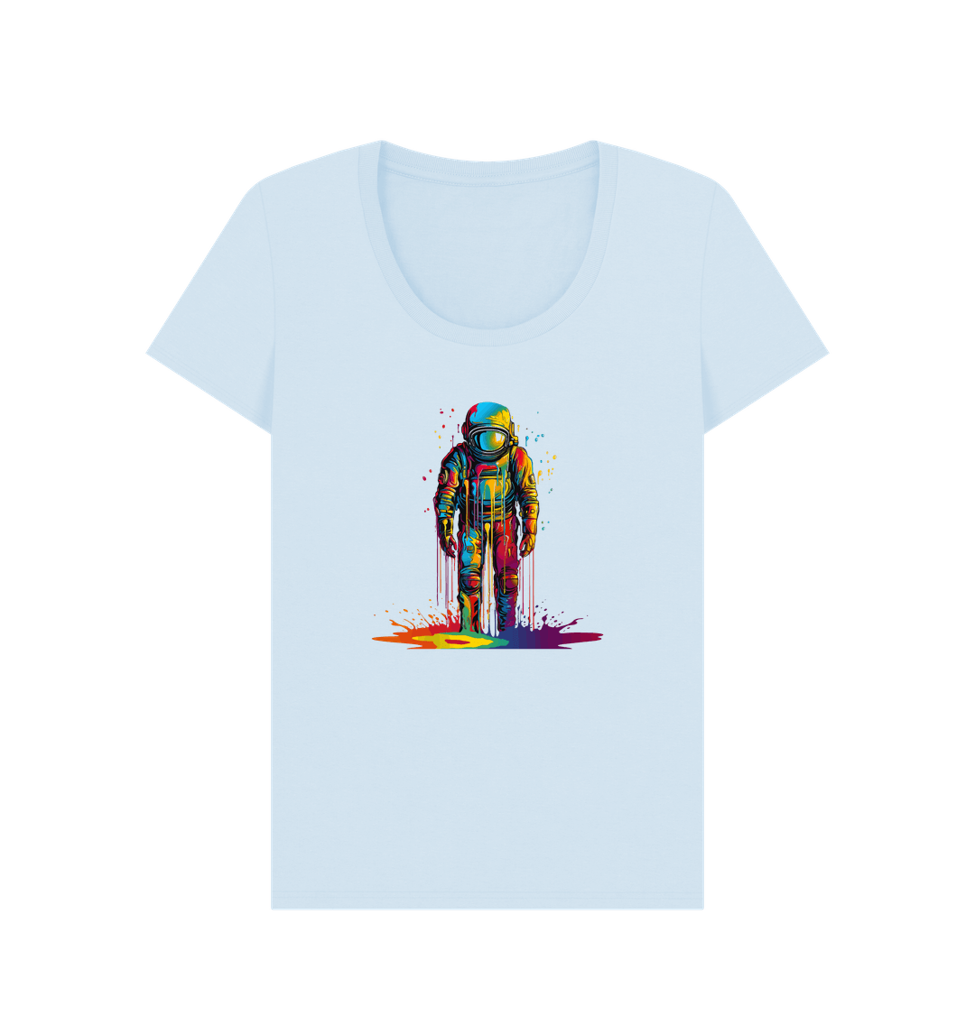 White t-shirt with colorful astronaut graphic