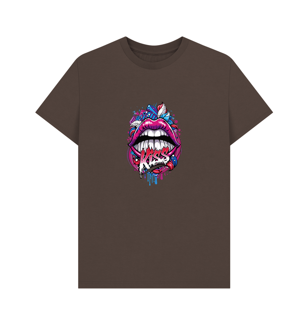 Brown t-shirt with colorful lips graphic