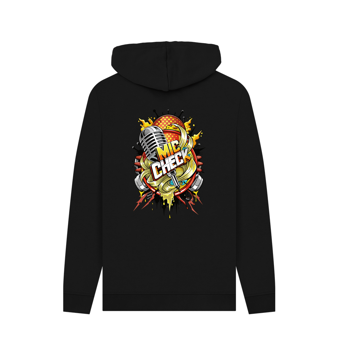 Black hoodie with "MIC CHECK" graphic