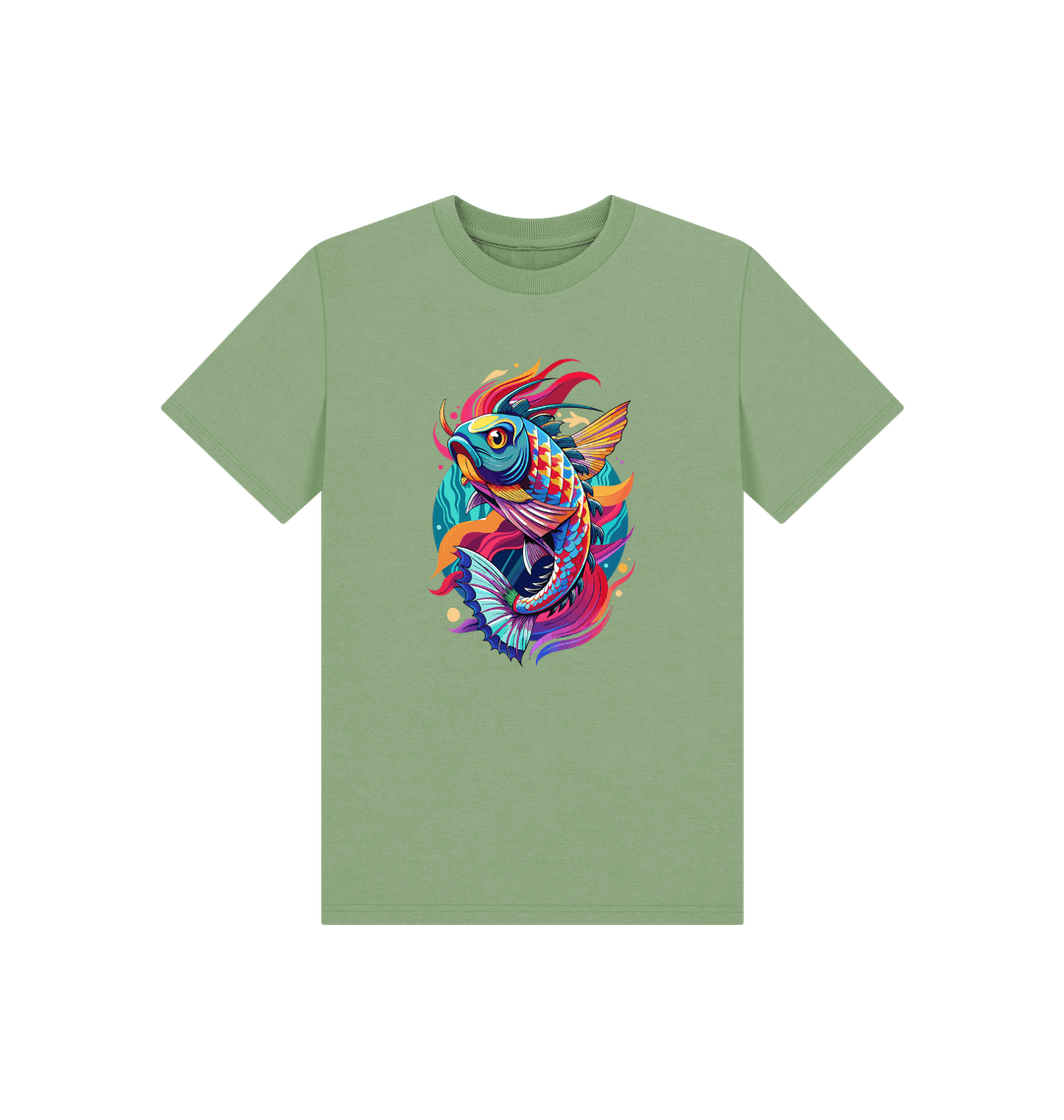 Green t-shirt with colorful fish design