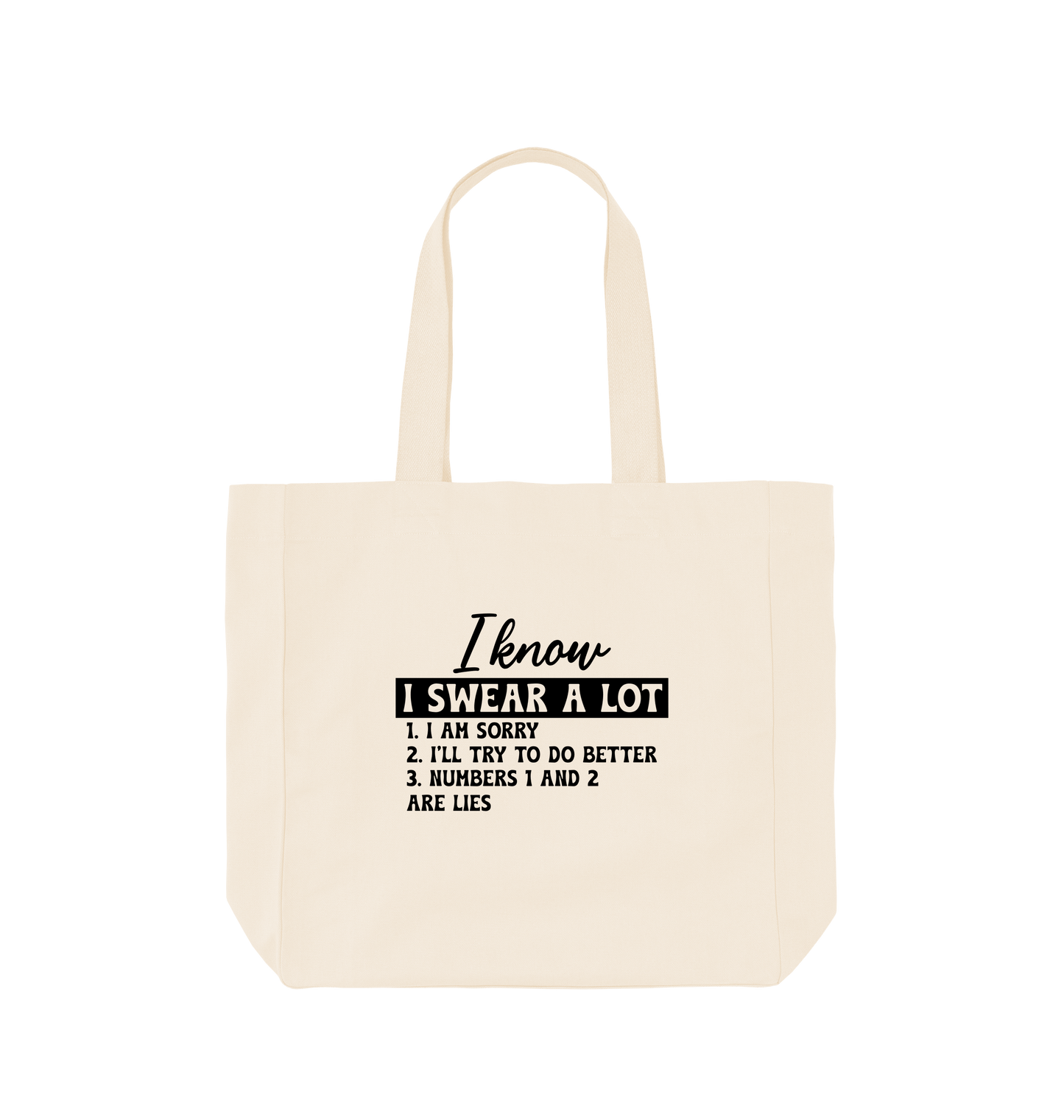 White tote bag with text design