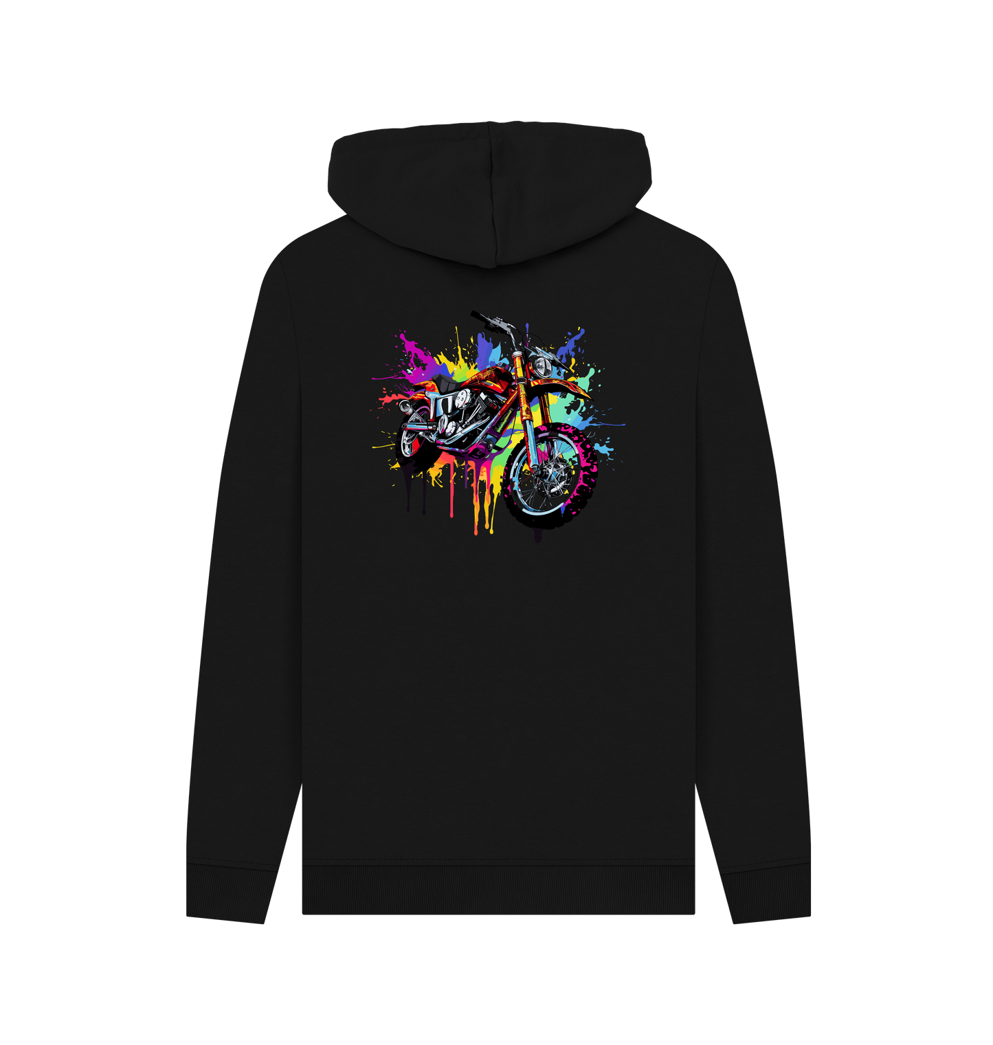 Black hoodie with colorful motorcycle graphic