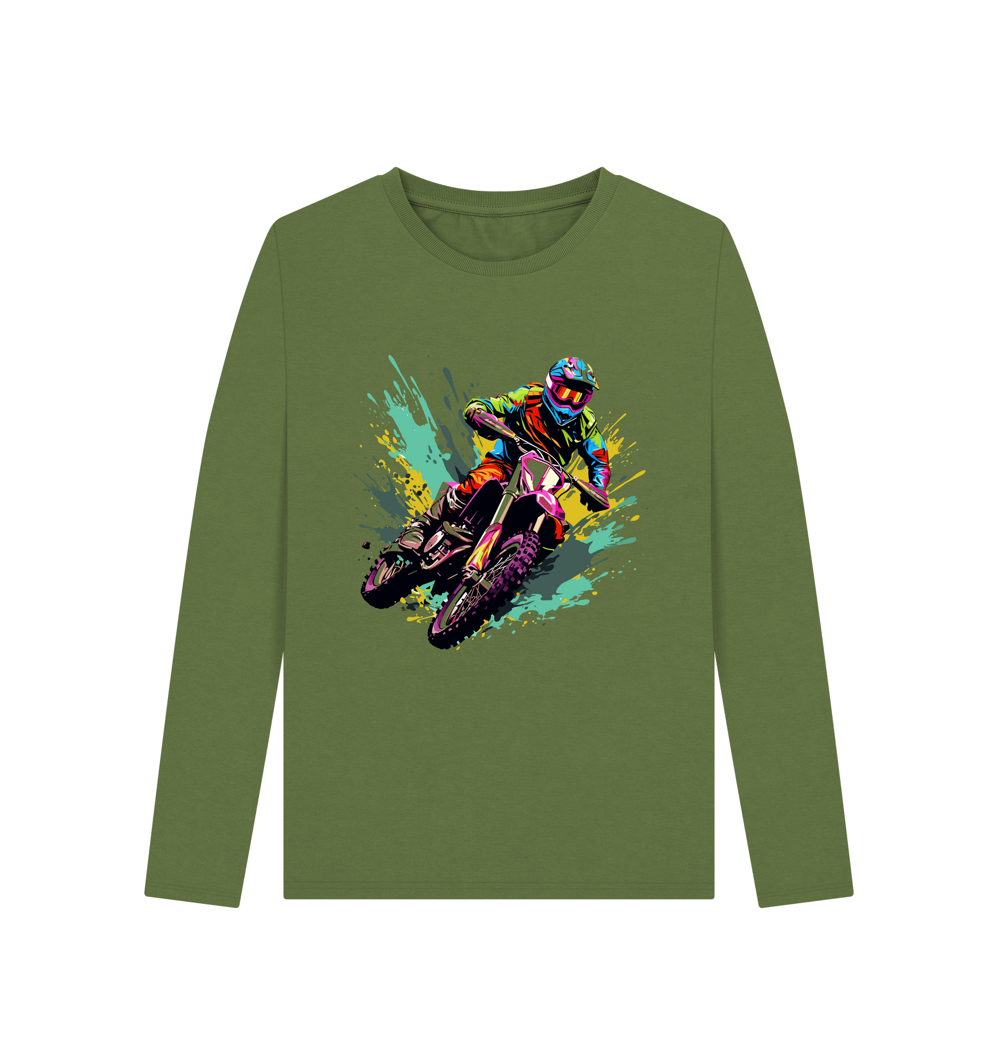 Olive green long-sleeved t-shirt with motocross graphic