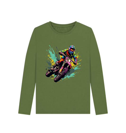 Olive green long-sleeved t-shirt with motocross graphic