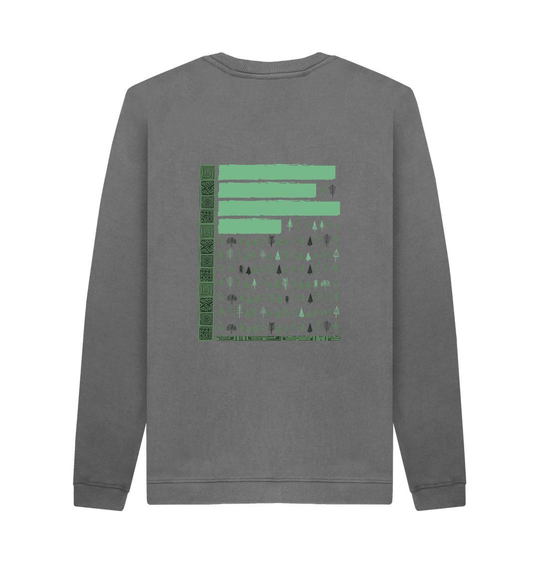 Gray sweatshirt with green geometric pattern