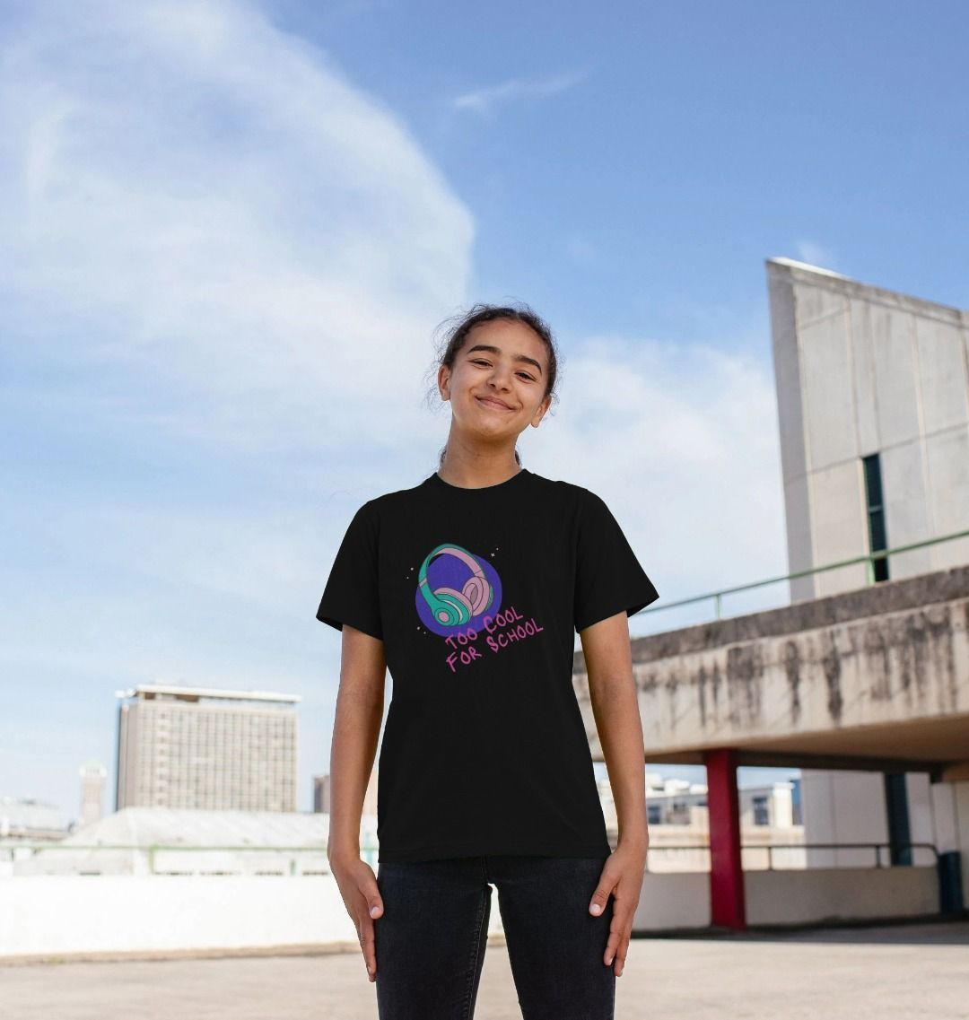 Black t-shirt with "Too Cool For School" text and headphones graphic (person)
