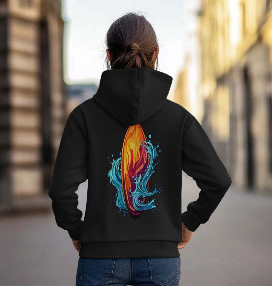 Black hoodie with surfboard graphic (person)