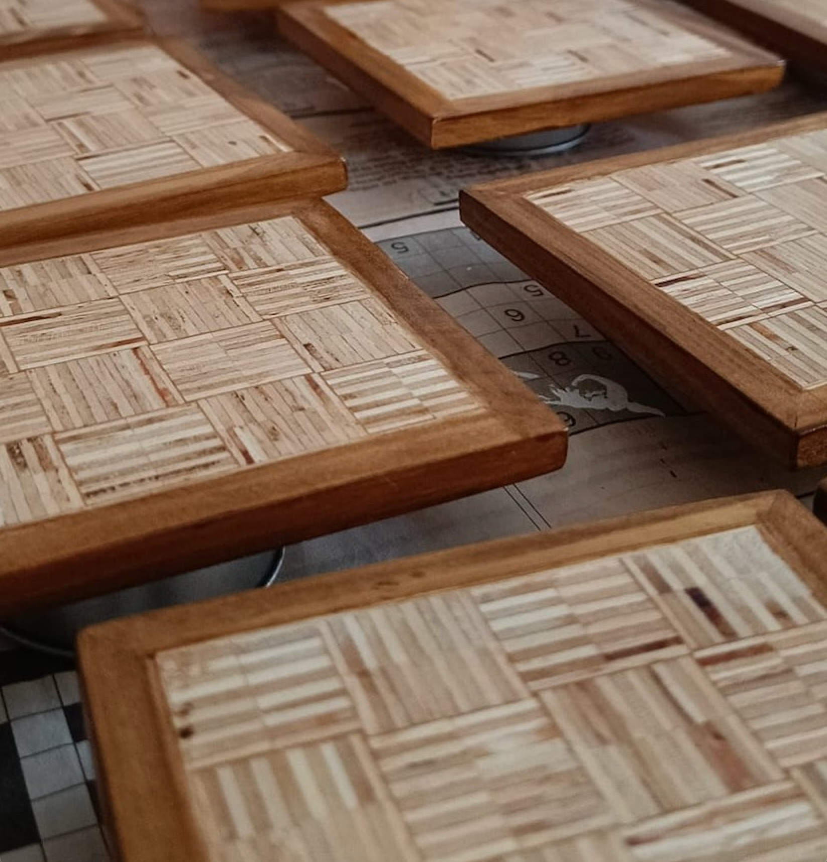 Wooden puzzle pieces with interlocking patterns