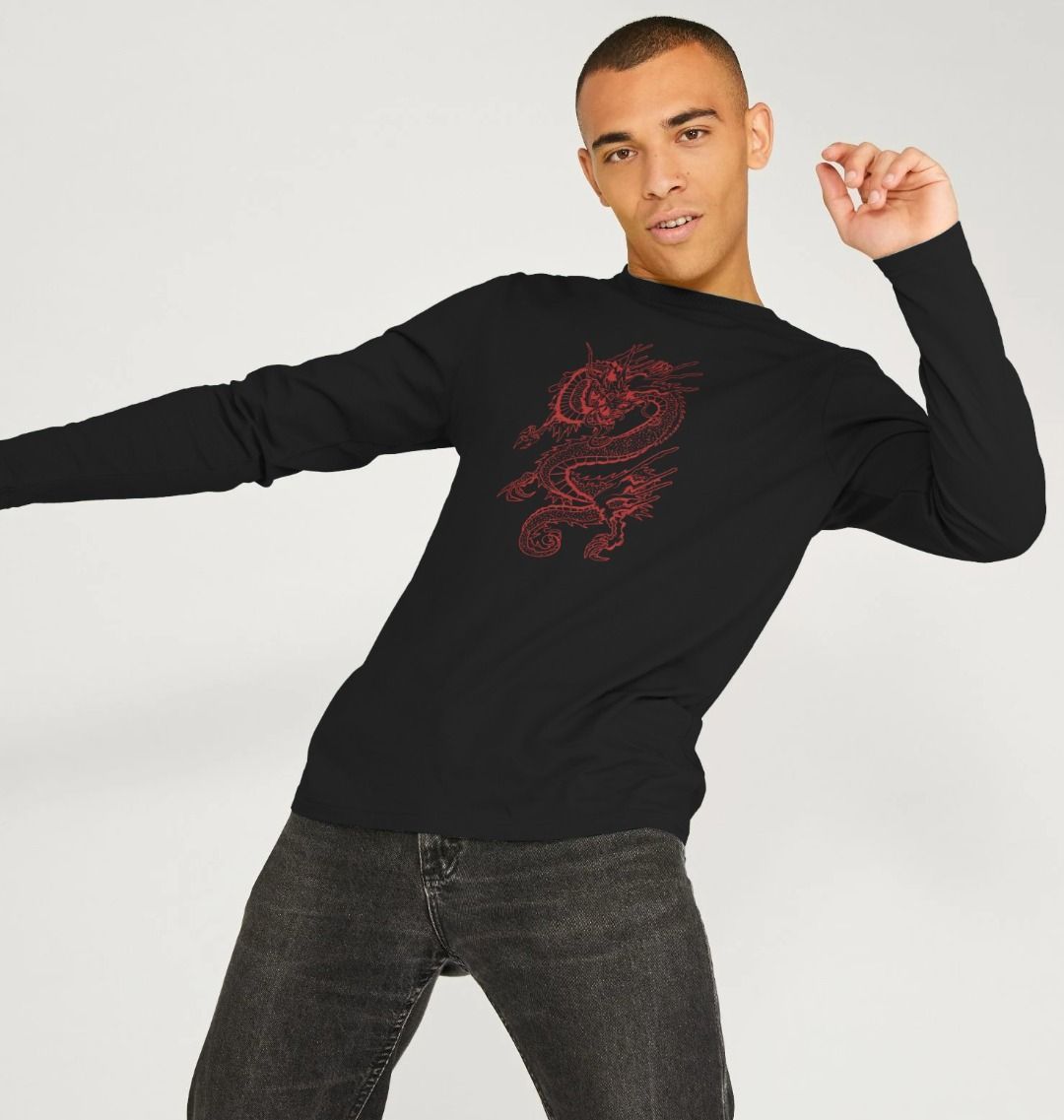 Black long-sleeve t-shirt with red dragon design (person)