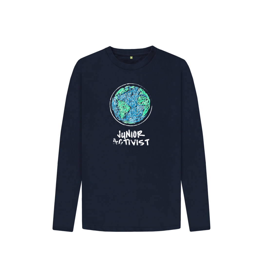 Navy blue long-sleeved t-shirt with "Junior Activist" and Earth graphic