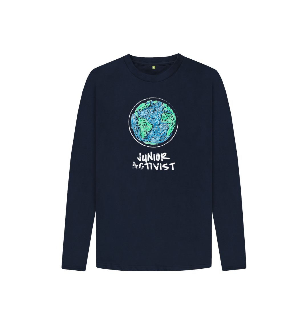 Navy blue long-sleeved t-shirt with "Junior Activist" and Earth graphic