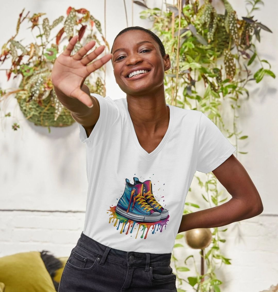 White V-neck t-shirt with colorful sneaker graphic (person)