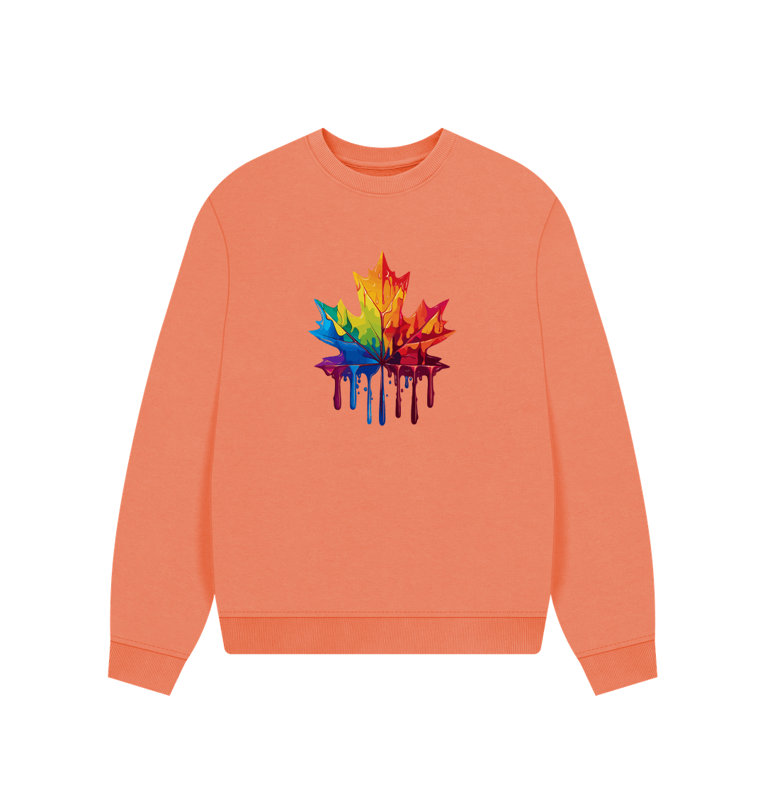 Orange sweatshirt with rainbow maple leaf design