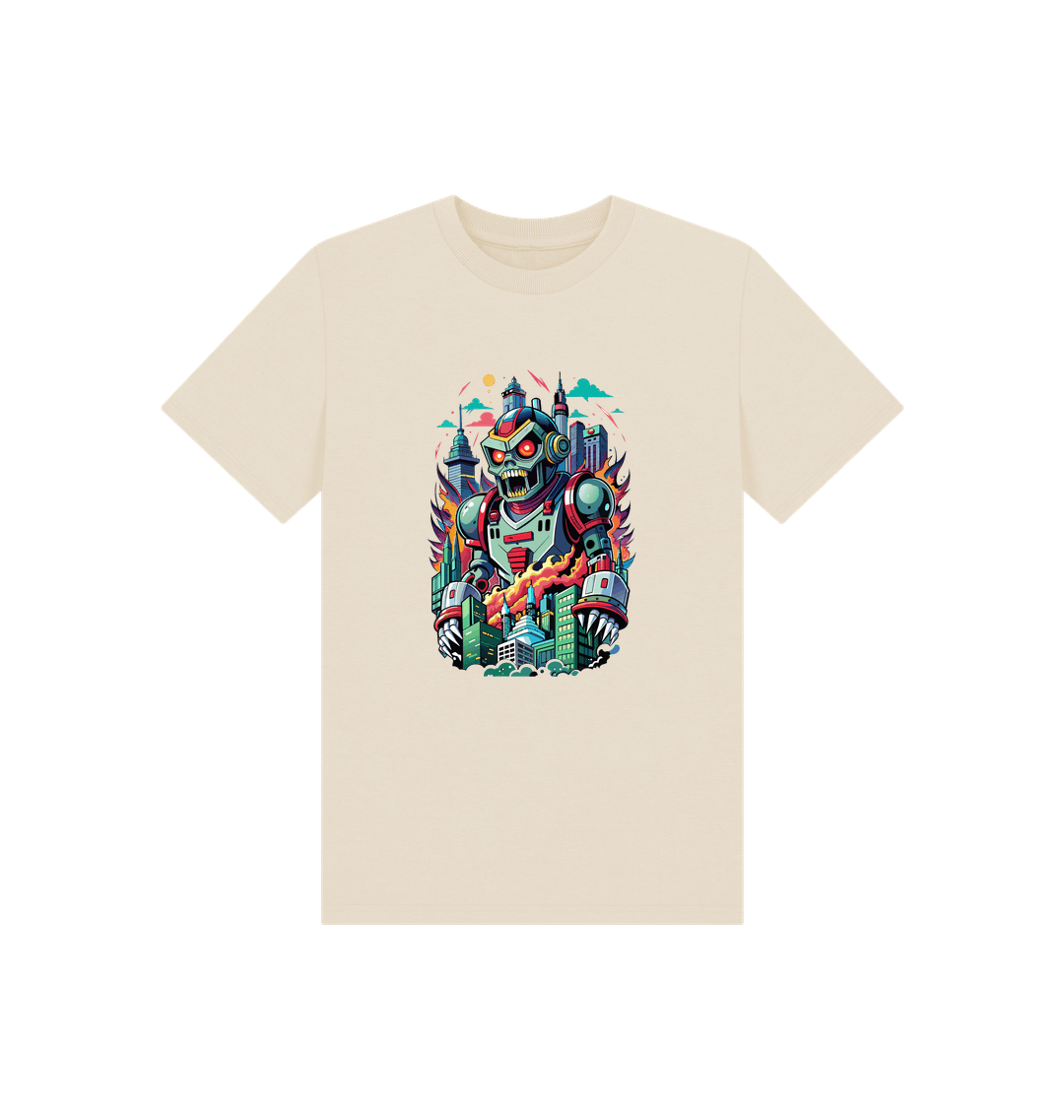 Robot-themed t-shirt with cityscape design
